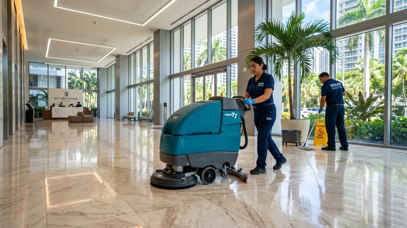 Professional commercial cleaning crew using industrial equipment in a Miami office building