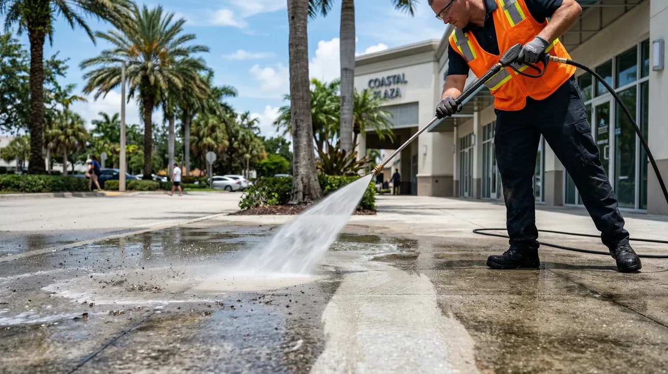 Professional pressure washing service cleaning a commercial building exterior in South Florida