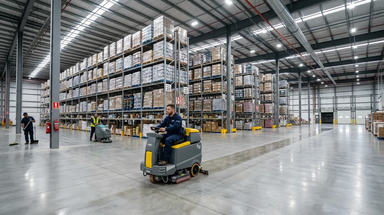 Commercial cleaning team working in a South Florida warehouse facility
